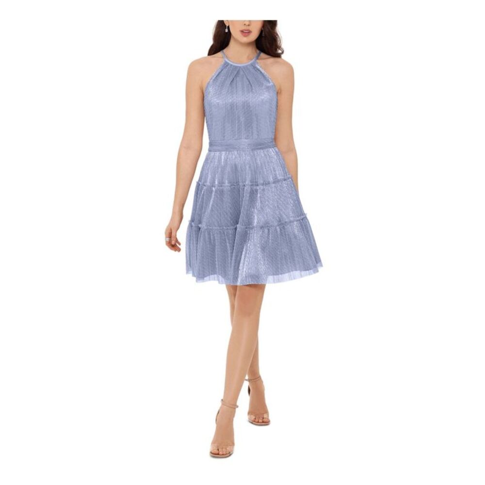 XSCAPE Womens Silver Tiered Sleeveless Halter Short Evening Fit + Flare Dress 14